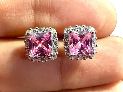 Cushion Cut Pink Tourmaline Halo CZ Sterling Silver Studs Earrings - leoshopdeals