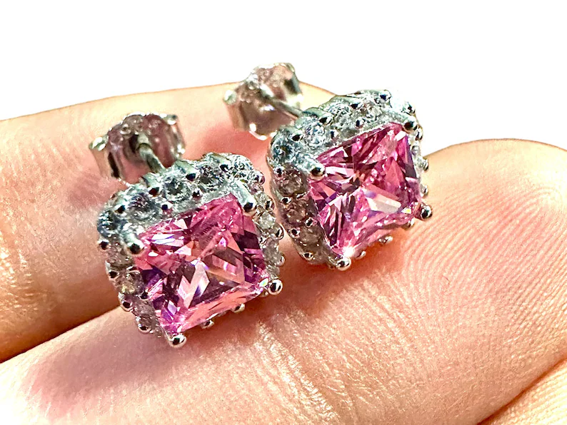 Cushion Cut Pink Tourmaline Halo CZ Sterling Silver Studs Earrings - leoshopdeals