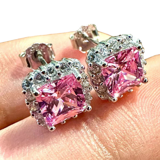 Cushion Cut Pink Tourmaline Halo CZ Sterling Silver Studs Earrings - leoshopdeals