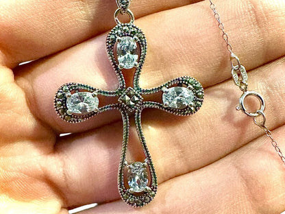 925 Sterling Silver Marcasite Cross CZ Pendant Necklace 18" - leoshopdeals