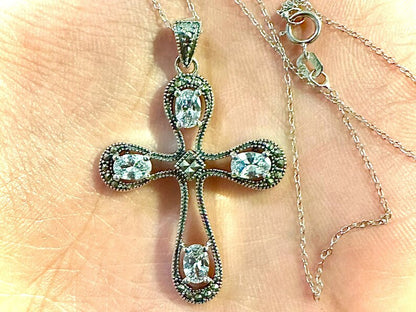 925 Sterling Silver Marcasite Cross CZ Pendant Necklace 18" - leoshopdeals