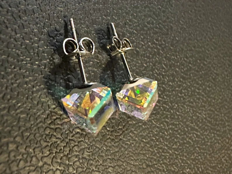 18K White Gold Plated 5MM Square Aurora Borealis Crystal Earrings Women