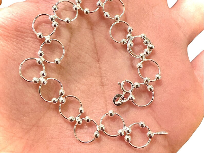 925 Sterling Silver Beaded Circle Link Chain Anklet Bracelet