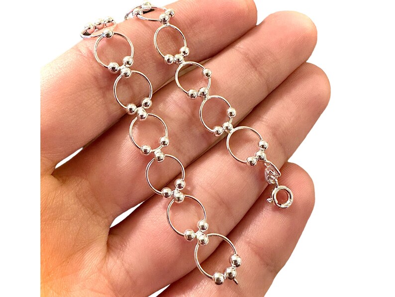 925 Sterling Silver Beaded Circle Link Chain Anklet Bracelet