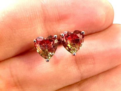 925 Sterling Silver Watermelon Tourmaline Stud Heart Earrings for Women 6X6 mm