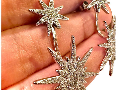 18k White Gold Plated Dangle and Drop Starburst CZ Earrings