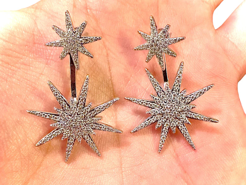 18k White Gold Plated Dangle and Drop Starburst CZ Earrings