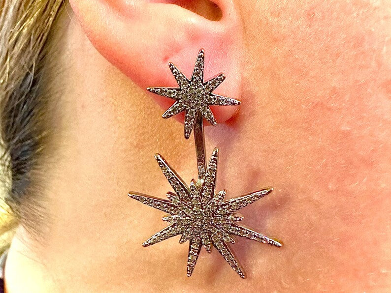 18k White Gold Plated Dangle and Drop Starburst CZ Earrings