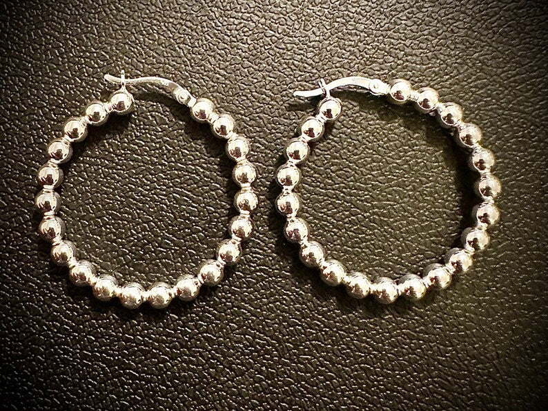 35mm Beaded Round Hoop 925 Sterling Silver Earrings for Women