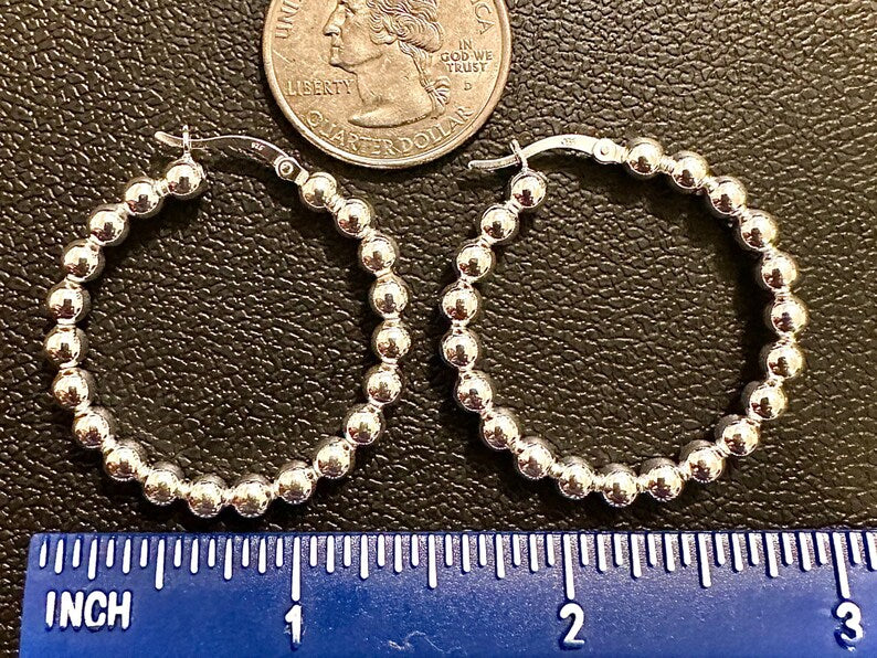 35mm Beaded Round Hoop 925 Sterling Silver Earrings for Women