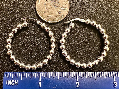 35mm Beaded Round Hoop 925 Sterling Silver Earrings for Women