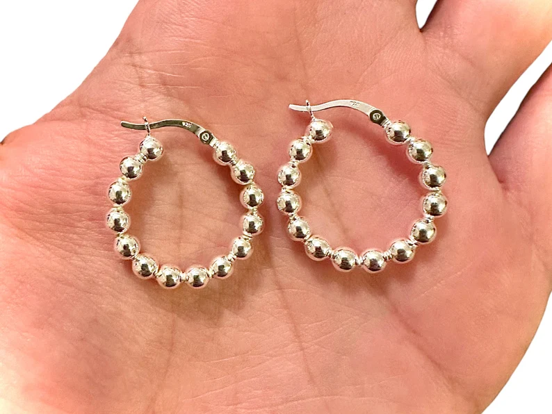 25MM Beaded Ball Hoops 925 Sterling Silver Earrings