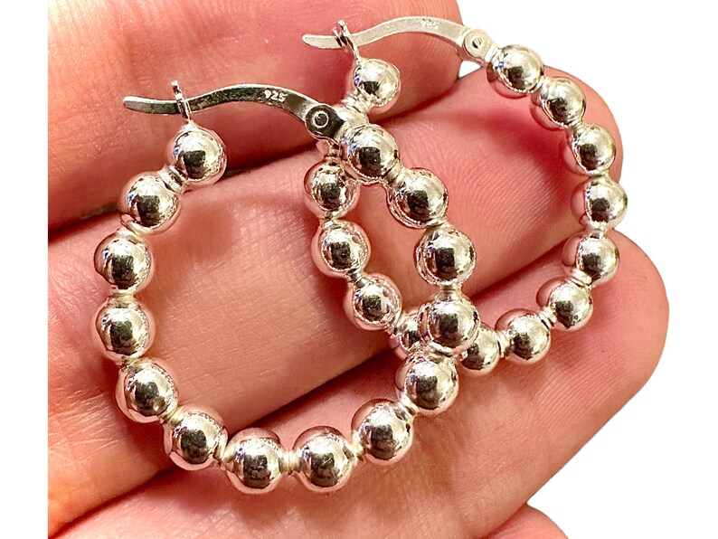 25MM Beaded Ball Hoops 925 Sterling Silver Earrings