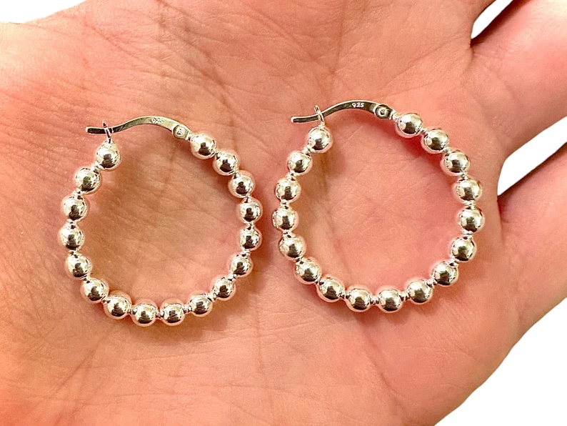 30mm Beaded Ball Hoop 925 Sterling Silver Earrings for Women