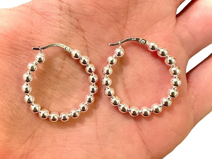 30mm Beaded Ball Hoop 925 Sterling Silver Earrings for Women