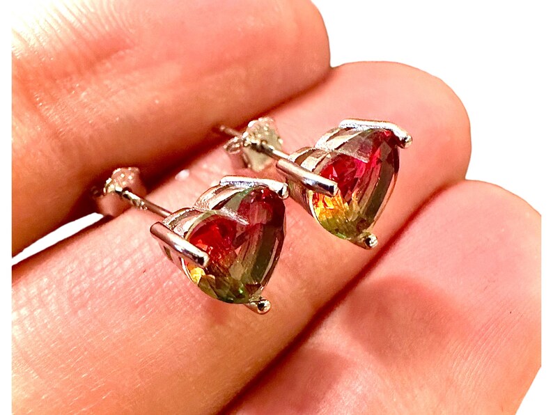 925 Sterling Silver Watermelon Tourmaline Stud Heart Earrings for Women 6X6 mm