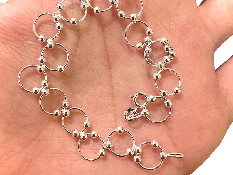 925 Sterling Silver Beaded Circle Link Chain Anklet Bracelet