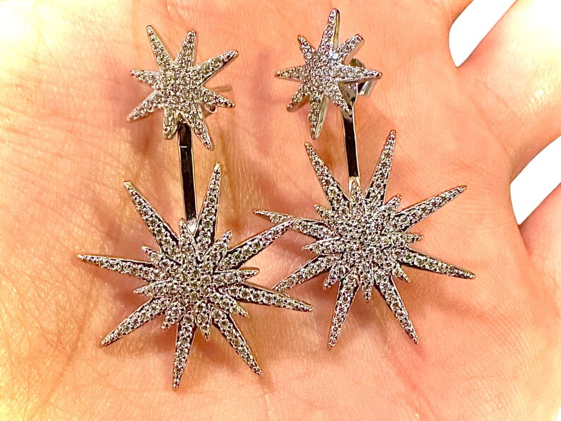 18k White Gold Plated Dangle and Drop Starburst CZ Earrings