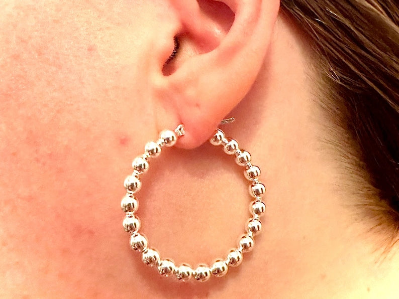 35mm Beaded Round Hoop 925 Sterling Silver Earrings for Women