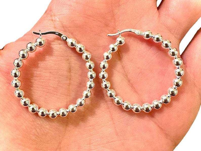 35mm Beaded Round Hoop 925 Sterling Silver Earrings for Women