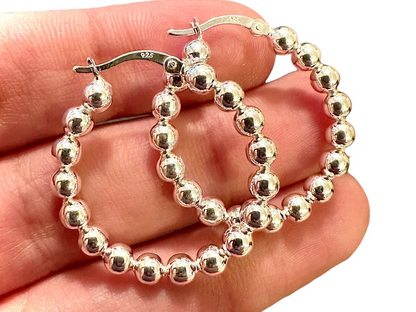 30mm Beaded Ball Hoop 925 Sterling Silver Earrings for Women