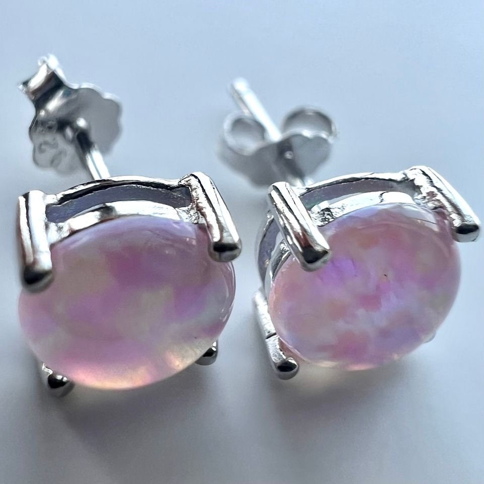 Pink Opal Earrings Stud,  Sterling Silver 925 6MM Round Earrings, Fire Opal Earrings, Pink Earrings Stud for Women, Pink Opal Jewelry, Opal - leoshopdeals