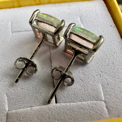 White Opal Earrings Stud, Princess Cut Square Earrings, Opal Earrings Sterling Silver 925 for women, 6mm Earring Stud, Opal Jewelry Silver - leoshopdeals