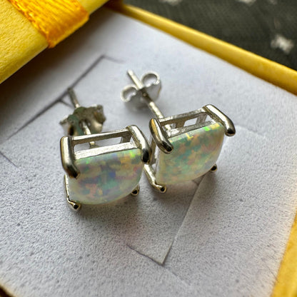 White Opal Earrings Stud, Princess Cut Square Earrings, Opal Earrings Sterling Silver 925 for women, 6mm Earring Stud, Opal Jewelry Silver - leoshopdeals