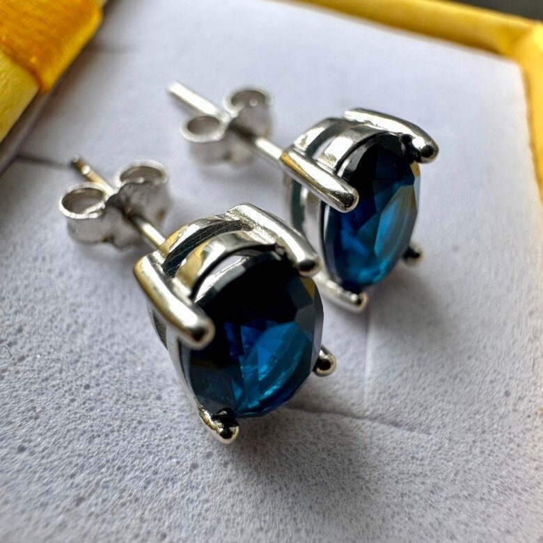 Blue Sapphire Earrings Stud Silver Earrings 7x4MM Oval Sapphire Sterling Silver Earrings Studs Sapphire Jewelry for Women Sterling Silver - leoshopdeals