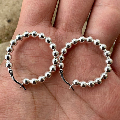 Beaded Hoops Earrings, 30MM Bead Ball Earrings, 925 Sterling Silver Hoop Earrings,Bead Ball Hoop Earrings, Hoop Earrings, Earrings for Women - leoshopdeals