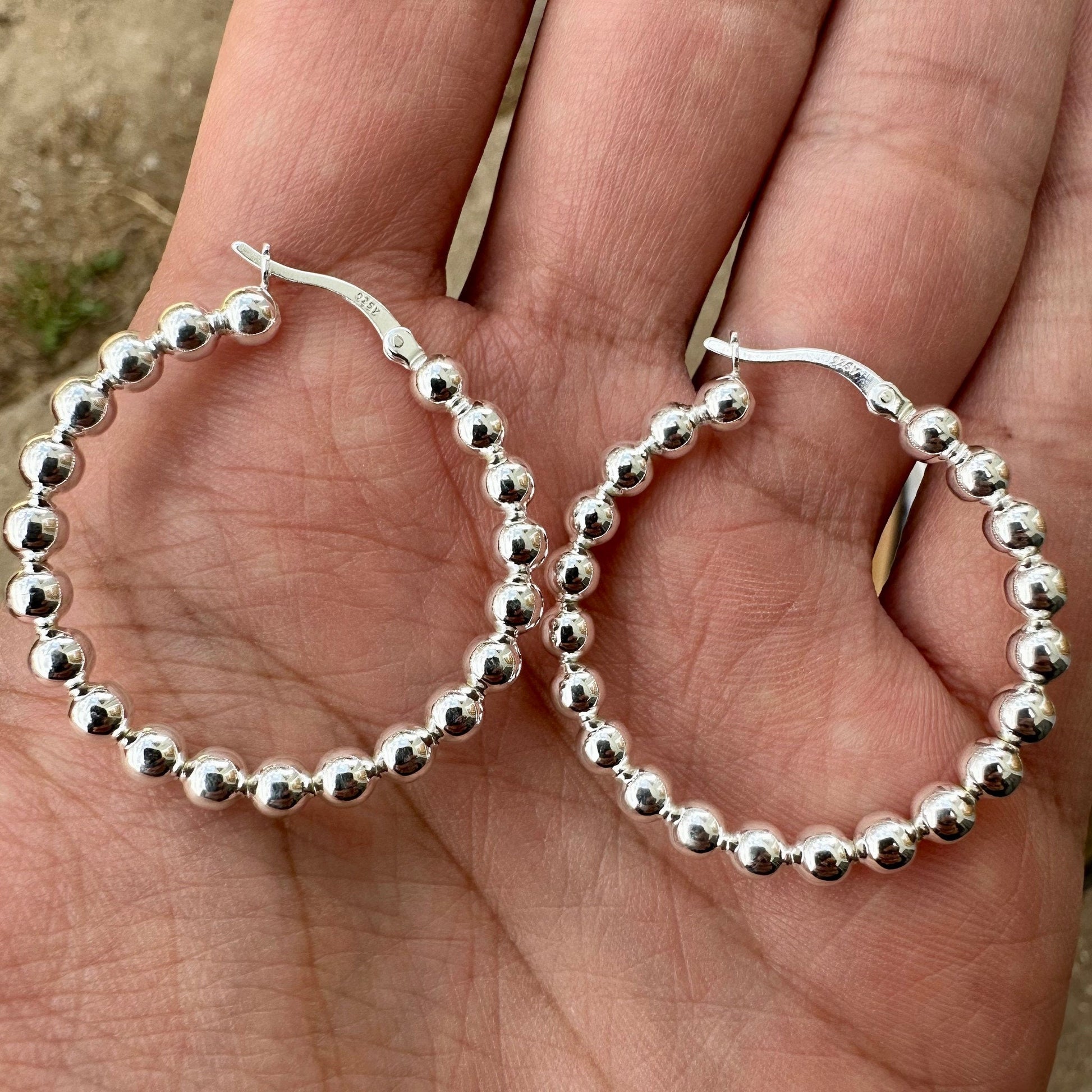 925 Sterling Silver Beaded Earrings, 35mm Beaded Hoops Earrings, Bead Ball Earrings, Bead Ball Hoop Earrings, Hoop Earrings for Women - leoshopdeals