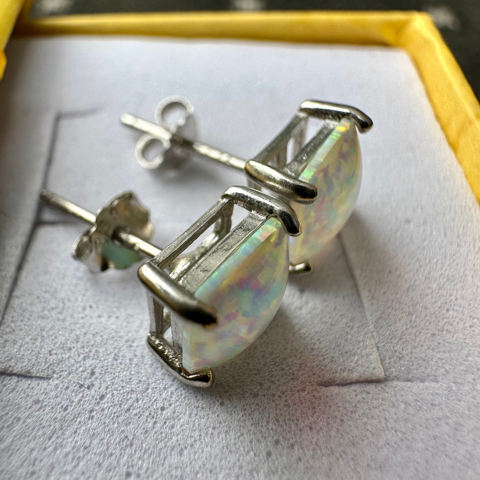 White Opal Earrings Stud, Princess Cut Square Earrings, Opal Earrings Sterling Silver 925 for women, 6mm Earring Stud, Opal Jewelry Silver - leoshopdeals