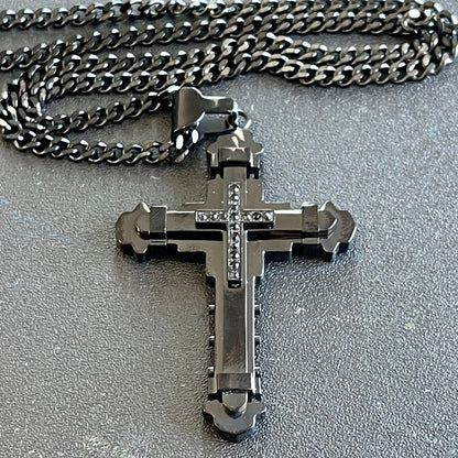 Cross Pendant Necklace Men Black Diamond Cz, Cuban Chain Necklace, Stainless Steel Chain Necklace Men, Cuban Link Cross 24 inches Long - leoshopdeals