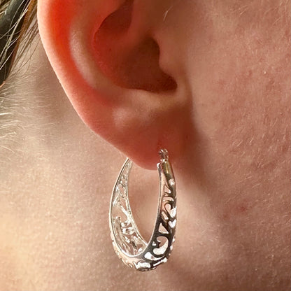 Silver Filigree Earrings, 925 Sterling Silver Earrings, Filigree Hoop Earrings, 30mm Hoop Earrings, Large Oval Hoop Earrings, Unique Earring - leoshopdeals