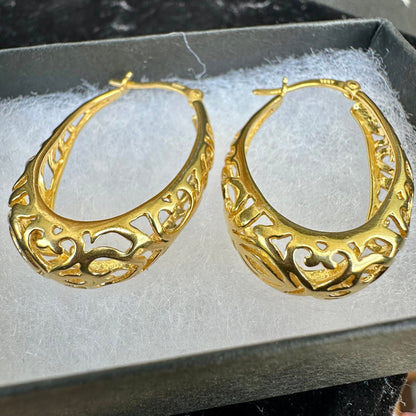 Filigree Hoop Earrings, Gold Plated Sterling Silver Earrings, Gold Hoop Earrings, Large Oval Hoop Earrings, Unique Earrings, Hoop Earrings - leoshopdeals