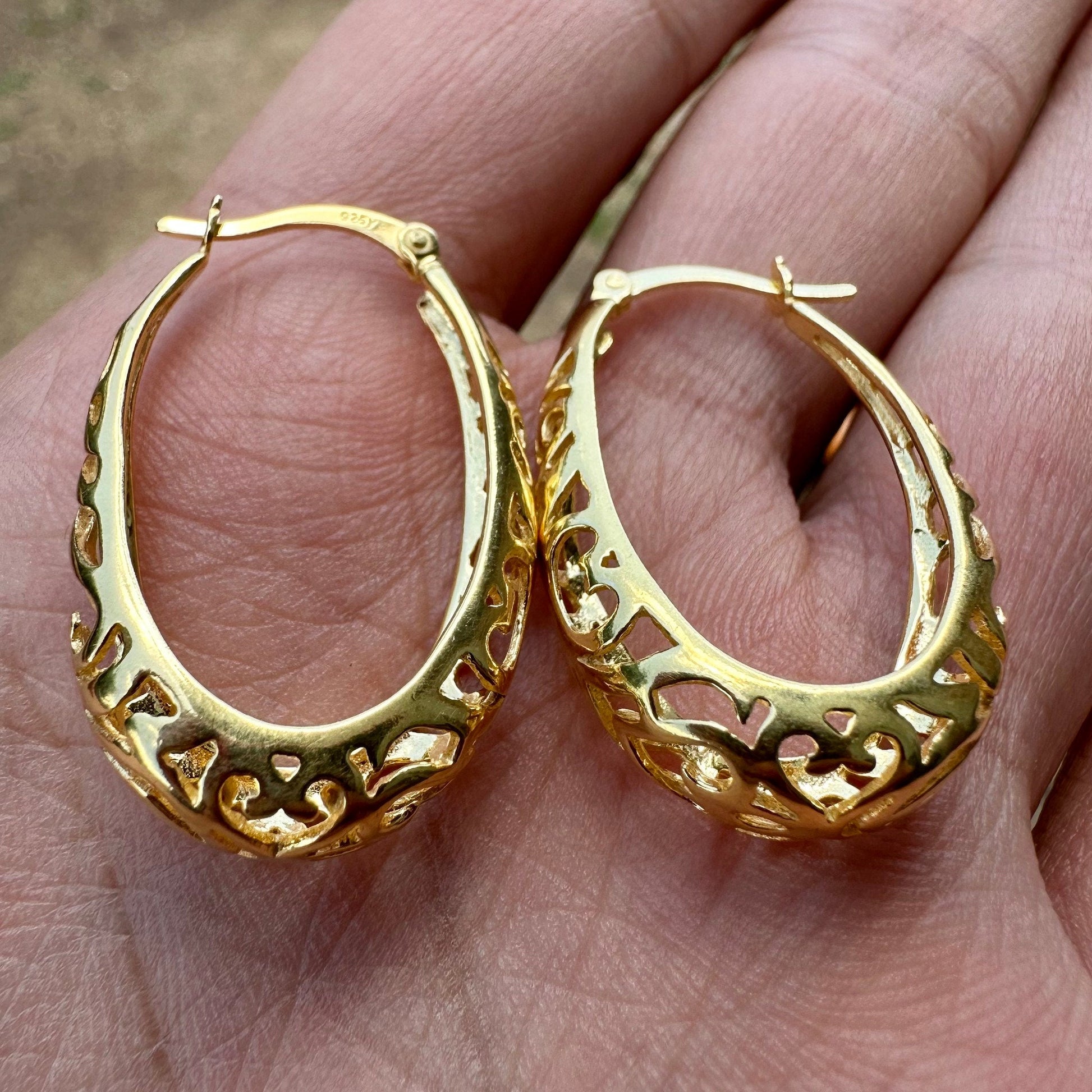 Filigree Hoop Earrings, Gold Plated Sterling Silver Earrings, Gold Hoop Earrings, Large Oval Hoop Earrings, Unique Earrings, Hoop Earrings - leoshopdeals