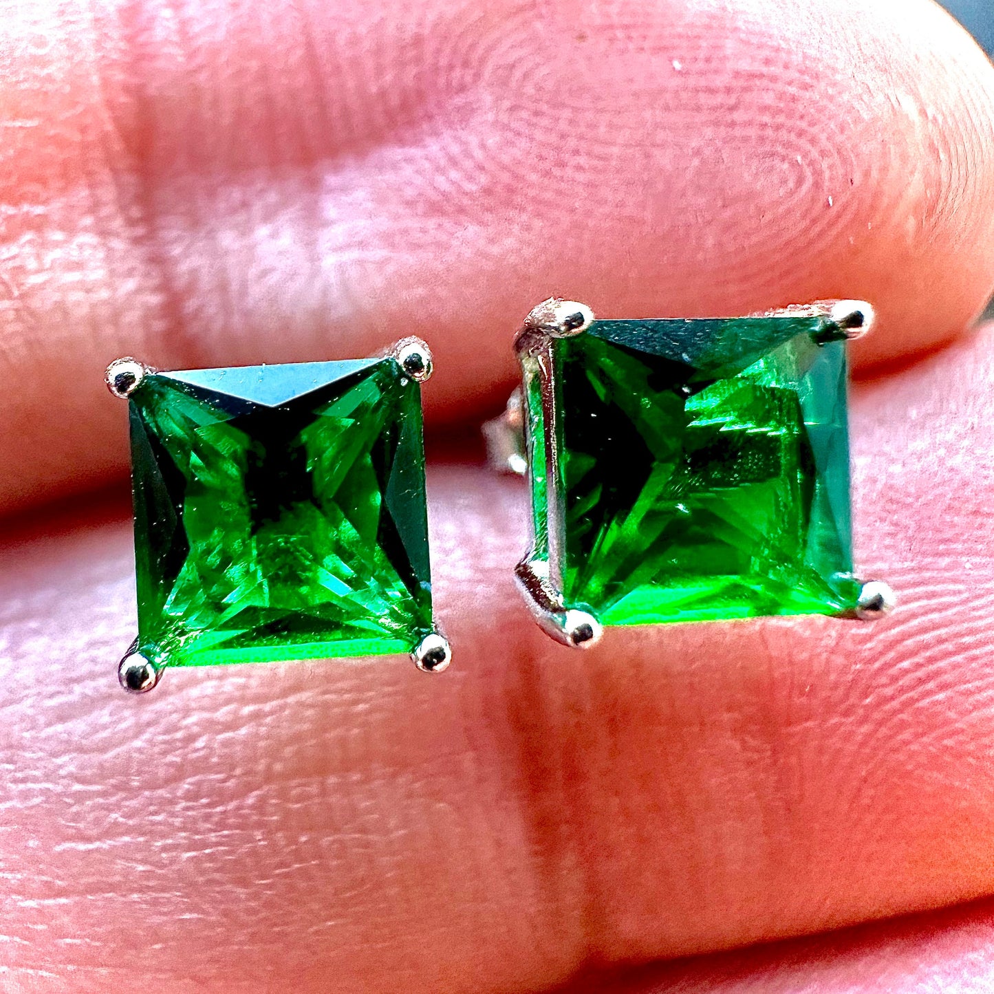 Princess Cut Emerald Earrings 925 Sterling Silver Stud Earrings 6MM Green Emerald Earrings For Women Stud Earrings For Women Emerald Jewelry - leoshopdeals