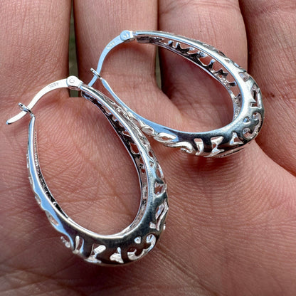 Silver Filigree Earrings, 925 Sterling Silver Earrings, Filigree Hoop Earrings, 30mm Hoop Earrings, Large Oval Hoop Earrings, Unique Earring - leoshopdeals