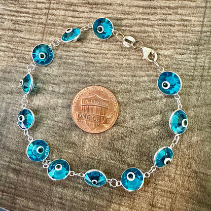 Evil Eye Bracelet Solid Sterling Silver 925, Light Blue Bracelet 7.5 inches, Crystal Bracelet for Women, Evil Eye Jewelry, Silver Bracelet - leoshopdeals