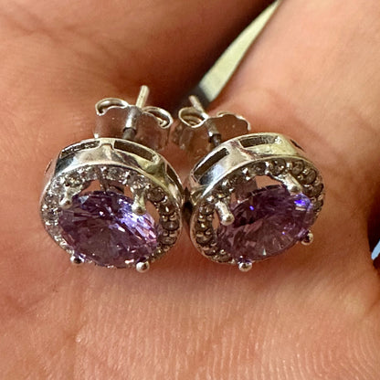 Amethyst Earrings Studs Sterling Silver 925, Amethyst and White Topaz Earrings, Earrings Studs for Women Sterling Silver, Gift for her - leoshopdeals