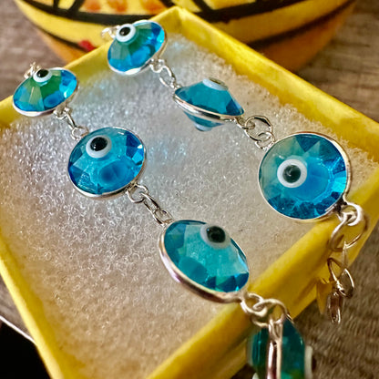 Evil Eye Bracelet Solid Sterling Silver 925, Light Blue Bracelet 7.5 inches, Crystal Bracelet for Women, Evil Eye Jewelry, Silver Bracelet - leoshopdeals