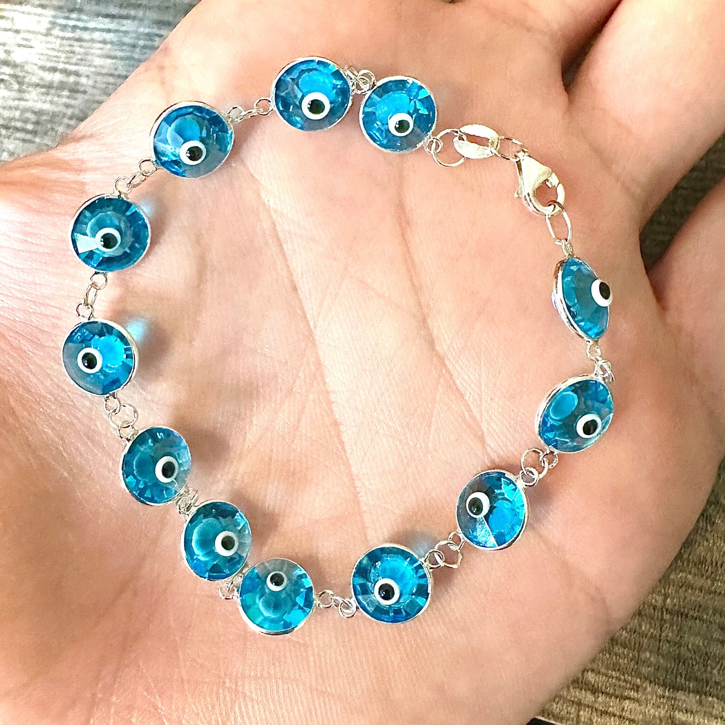 Evil Eye Bracelet Solid Sterling Silver 925, Light Blue Bracelet 7.5 inches, Crystal Bracelet for Women, Evil Eye Jewelry, Silver Bracelet - leoshopdeals