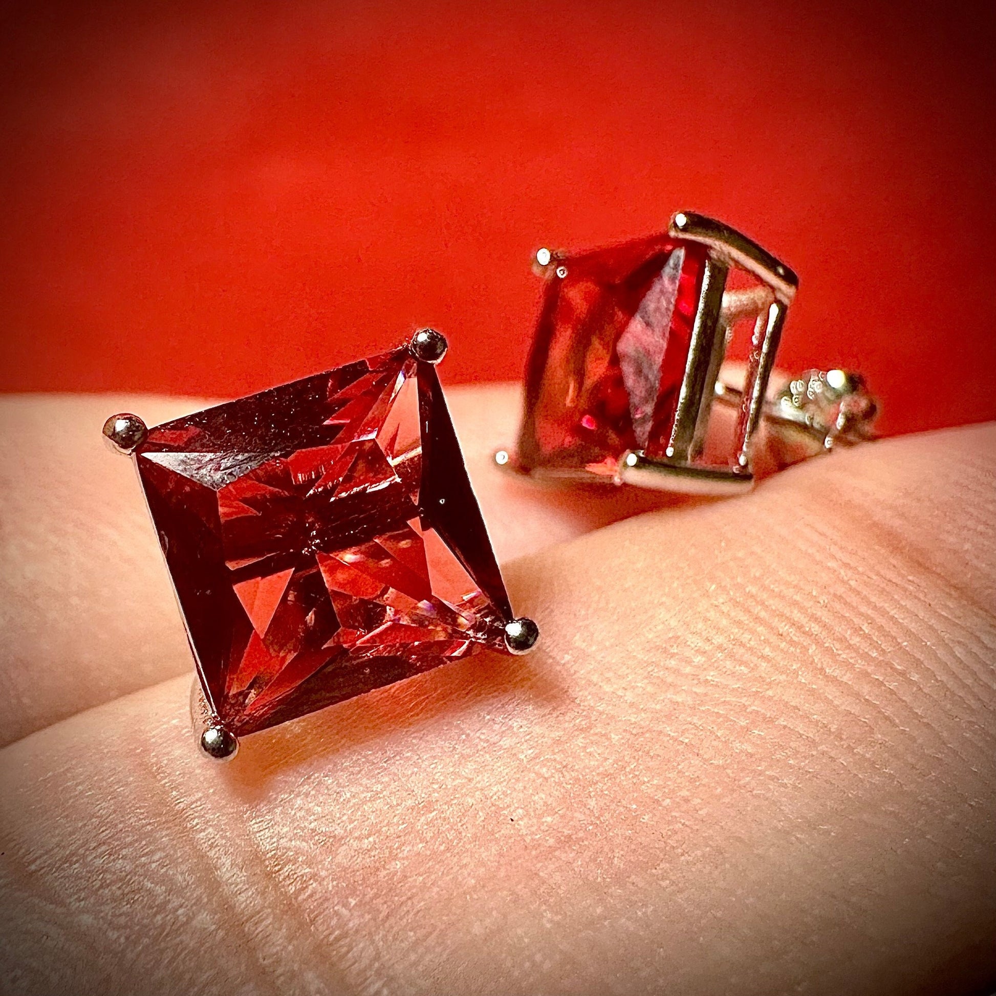 Ruby Stud Earrings, 925 Sterling Silver Earrings, Ruby Earrings, Princess Cut Ruby Earrings, Silver Earrings, Hypoallergenic Earrings 8MM - leoshopdeals