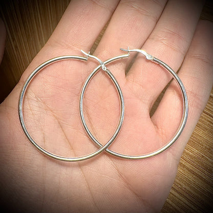 Sterling Silver Hoops, 925 Sterling Silver Hoop Earrings, Round Hoop Earrings, Pierced Earrings, Silver Earrings, 40mm, 45mm, 50mm, 55mm - leoshopdeals