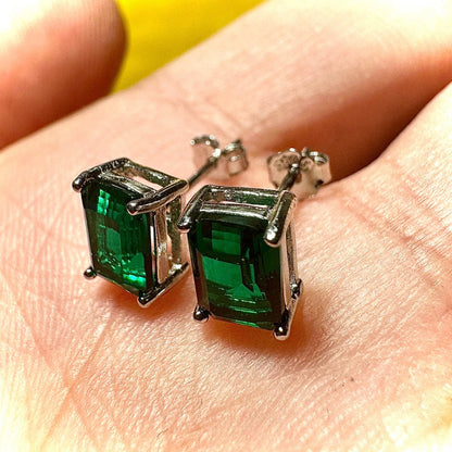 925 Sterling Silver Emerald Stud Earrings for Women 7×5MM Birthstone Gift - leoshopdeals