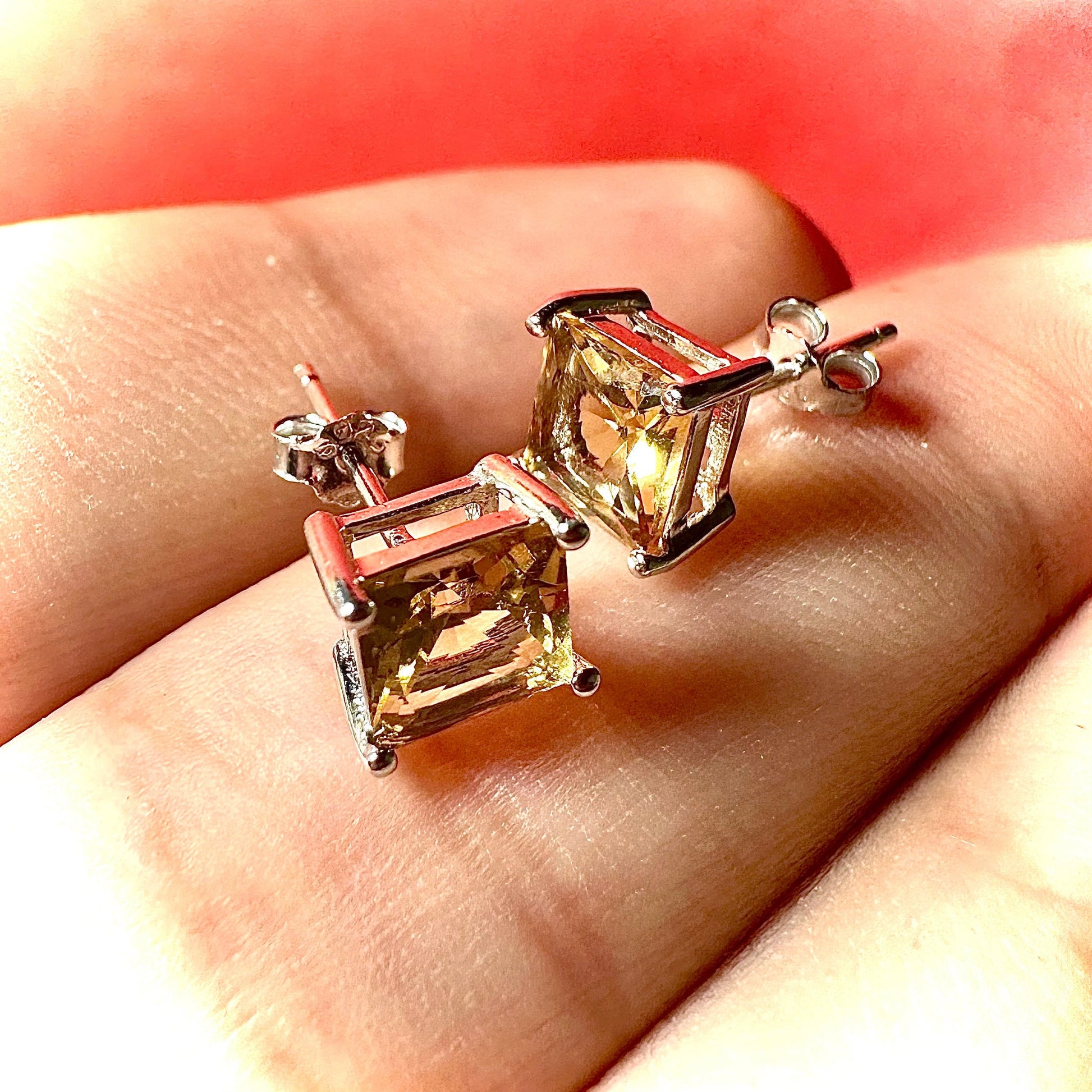 925 Sterling Silver Princess Cut Citrine Stud Earrings for Women 6MM Birthstone Gift - leoshopdeals