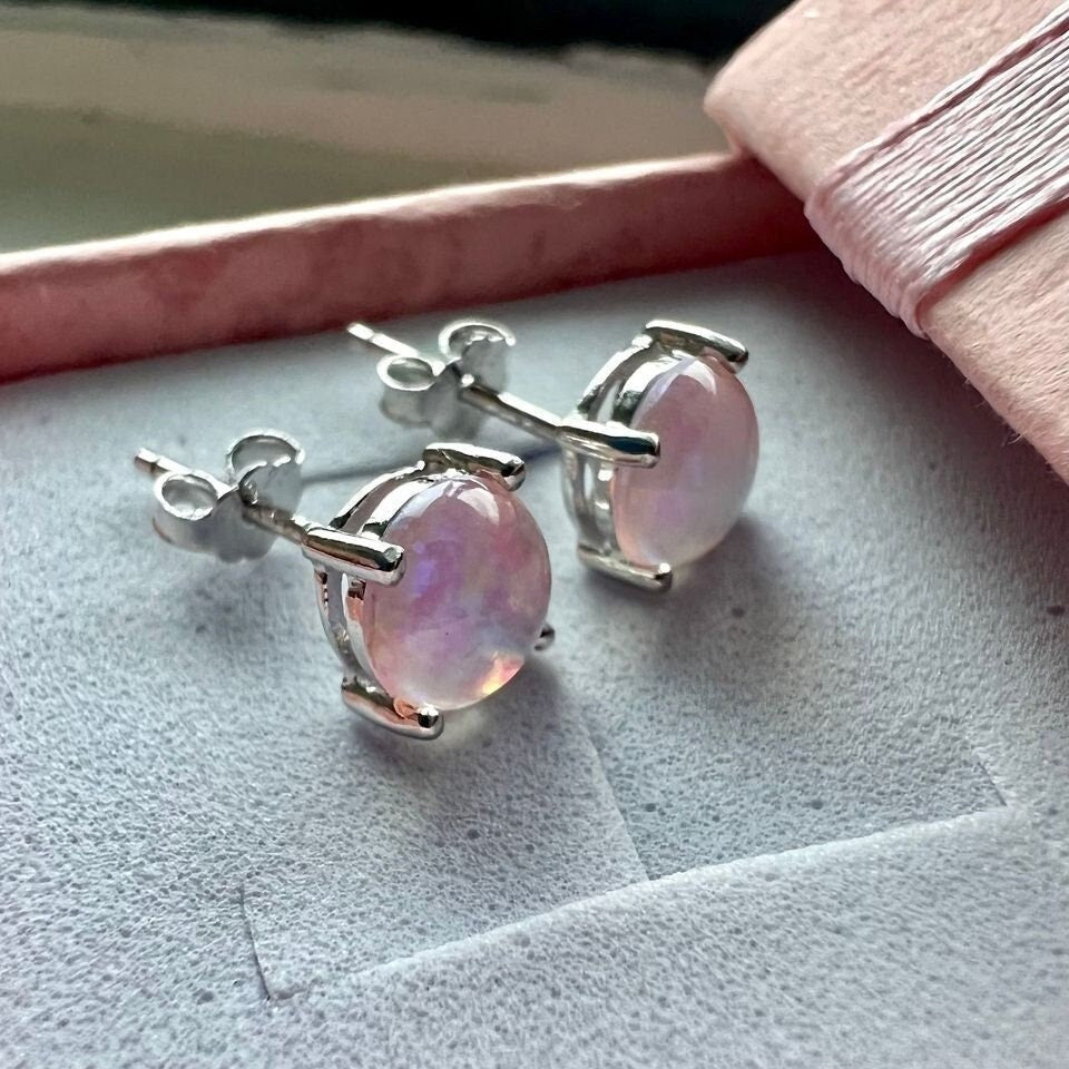 Pink Opal Earrings Stud,  Sterling Silver 925 6MM Round Earrings, Fire Opal Earrings, Pink Earrings Stud for Women, Pink Opal Jewelry, Opal - leoshopdeals