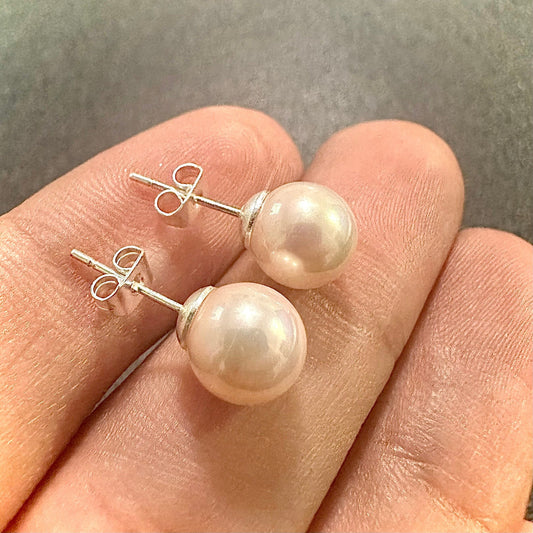 White Pearl Earrings, Freshwater Pearl Stud Earrings, 8mm White Gold Plated Earrings, Stud Earrings, Pearl Earrings, Earrings for Women - leoshopdeals