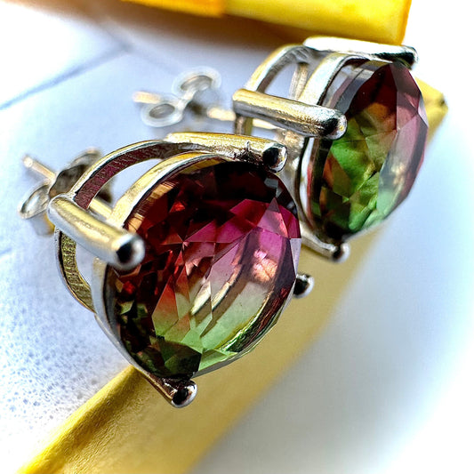 Watermelon Tourmaline Earrings, 925 Sterling Silver Stud Earrings, Round Cut Lab Created Tourmaline Stones, Earrings for Women, Gift for Her - leoshopdeals