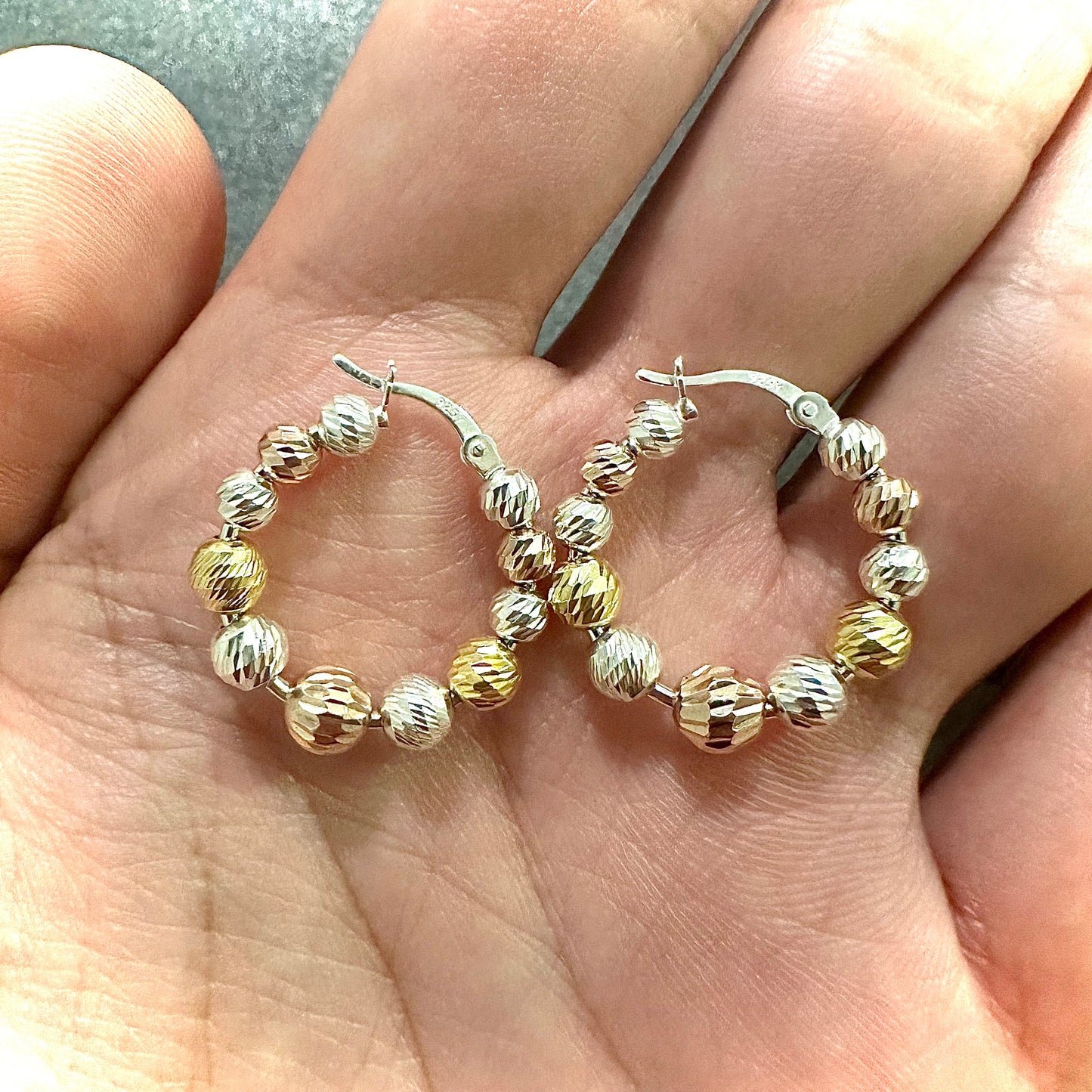 Tri Color Hoop Earrings With Beads, Hoop Earrings Sterling Silver 925, , Hoop Earrings Silver Bead, 25MM Beaded Earrings Hoop, Gift for Her - leoshopdeals